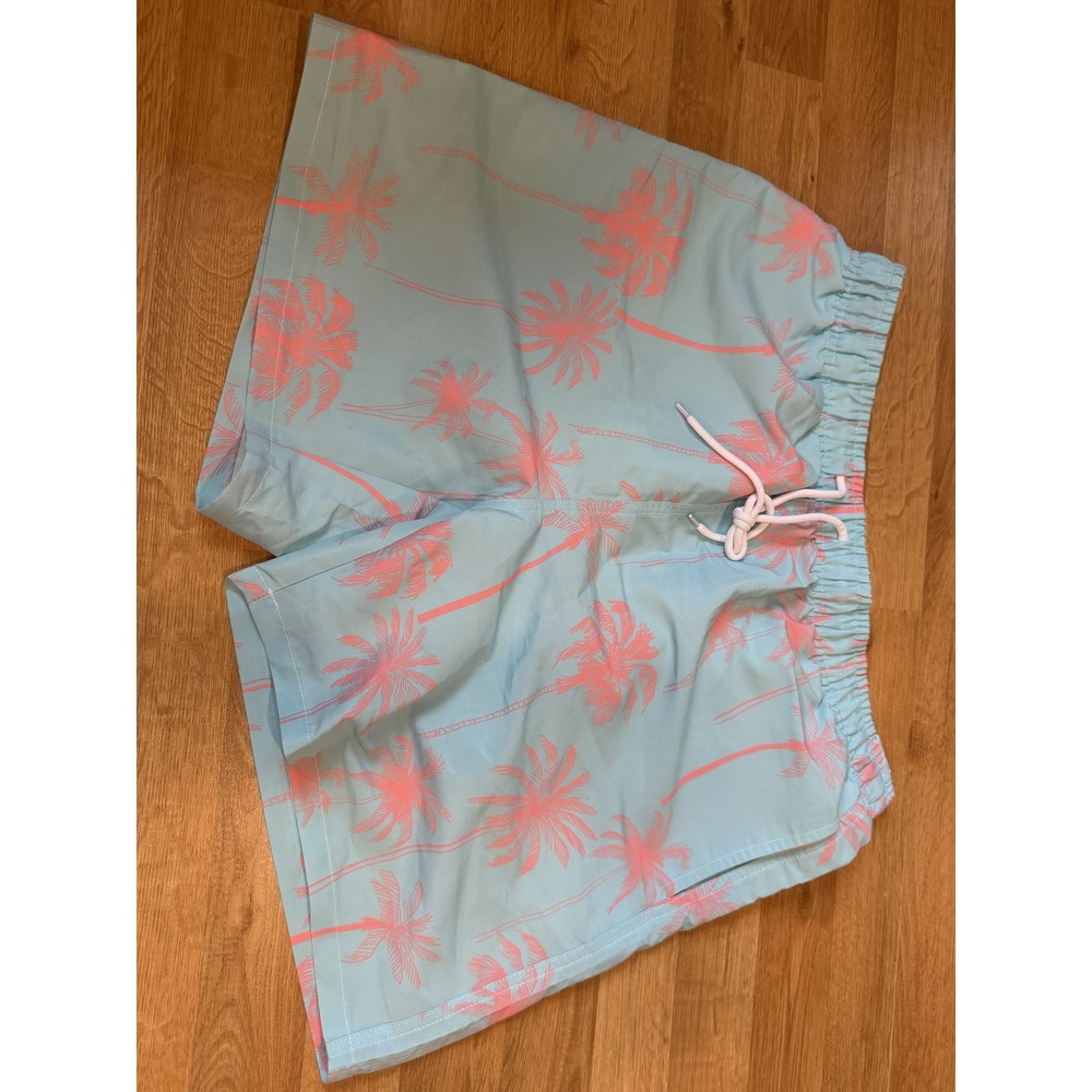 Shein Mens Swim Trunks Light Blue Neon Pink Palm Tree Tropical Board Shorts XL